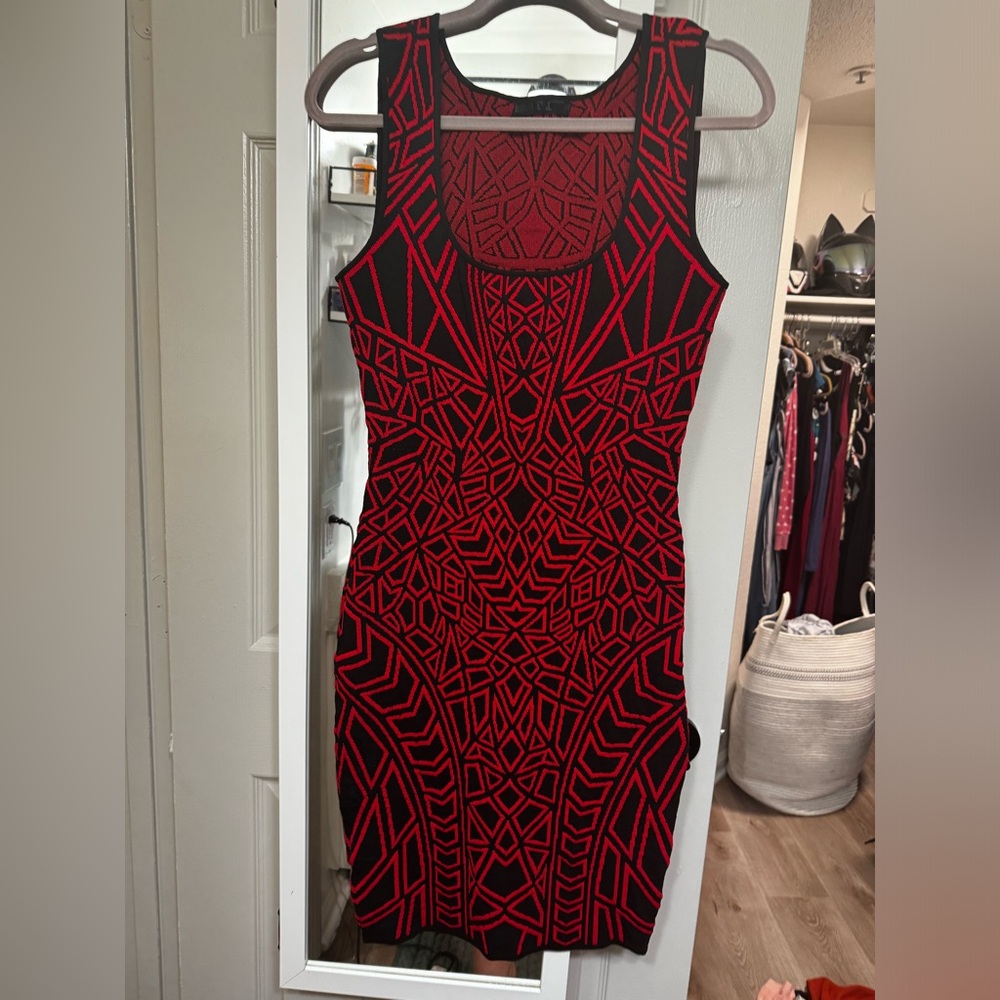 Red and black geometric bodycon dress